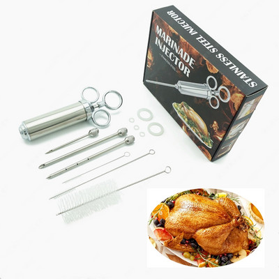 1 db színes doboz 2 oz rozsdamentes acél 304 steak grilllé fecskendő tű három tűs tisztítókefével, konyhai eszközök BBQ
