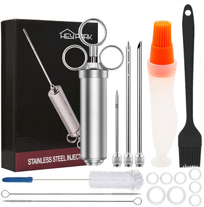 Marinato injektorių švirkštų ir šepečių rinkinys, Monster Meat injektorių švirkštas su 3 profesionaliomis marinato injektorių adatomis, sukuria