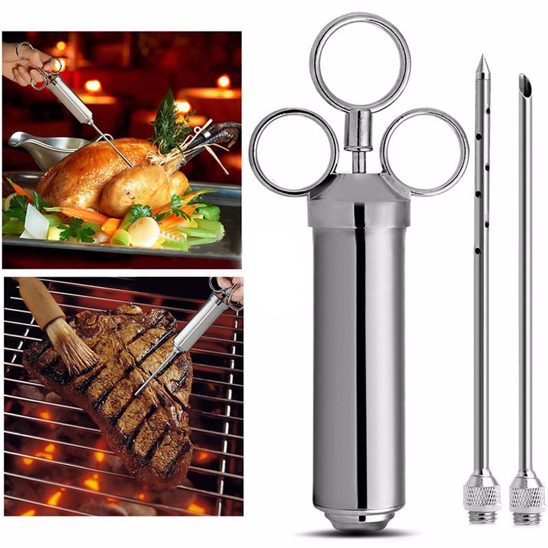 2OZ baromfi pulyka pác ízesítő fecskendő rozsdamentes acél fűszerezés befecskendező két tűvel BBQ hús főzőeszköz
