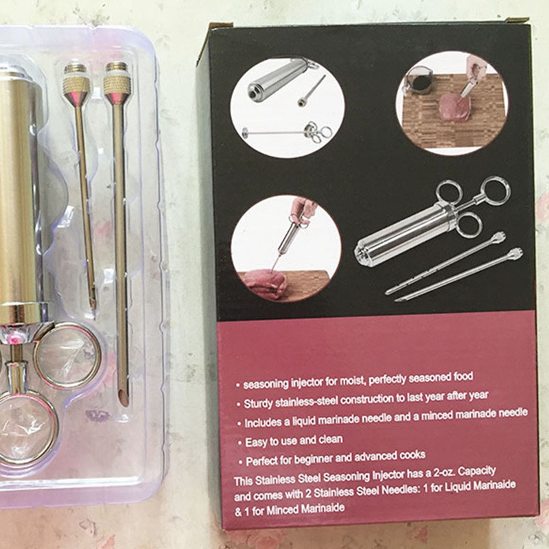 Injector de condimente pentru marinată de 2 oz Injector de carne de curcan Seringă de gătit din oțel inoxidabil pentru injecție cu 3 ace