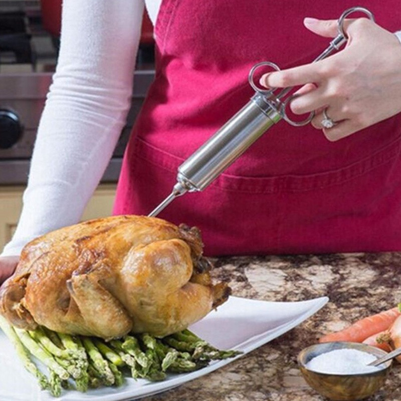 Injector de condimente pentru marinată de 2 oz Injector de carne de curcan Seringă de gătit din oțel inoxidabil pentru injecție cu 3 ace