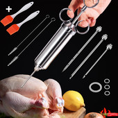 Injector de carne de 2 oz din oțel inoxidabil 304 cu 3 ace profesionale, 2 perii de silicon, seringă injector pentru grătar, injector de carne pentru marinată