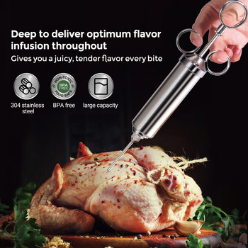 2-oz Meat Injector 304 Inox με 3 Professional Needles, 2 Silicone Brush BBQ Injector σύριγγα, Marinade Meat Injector