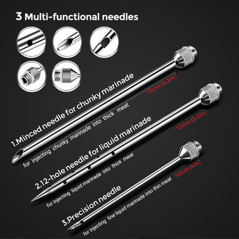 2-oz Meat Injector 304 Inox με 3 Professional Needles, 2 Silicone Brush BBQ Injector σύριγγα, Marinade Meat Injector