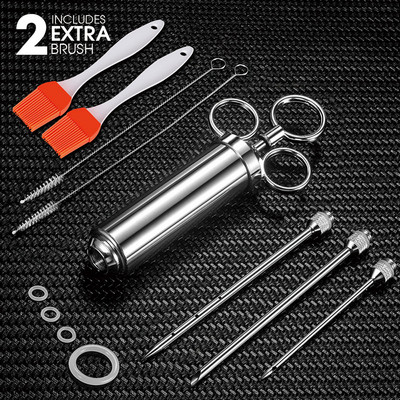 Injector de carne de 2 oz din oțel inoxidabil 304 cu 3 ace profesionale, 2 perii de silicon, seringă injector pentru grătar, injector de carne pentru marinată