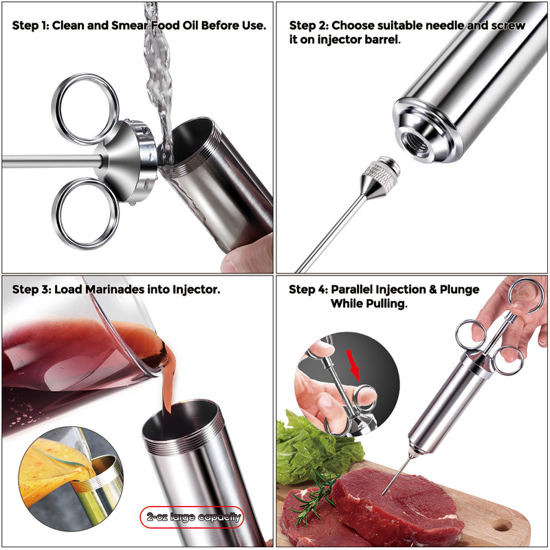 Injector de carne de 2 oz din oțel inoxidabil 304 cu 3 ace profesionale, 2 perii de silicon, seringă injector pentru grătar, injector de carne pentru marinată