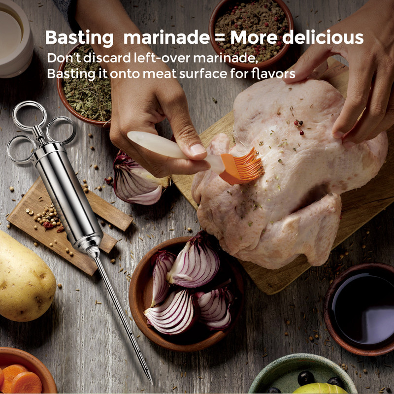 Injector de carne de 2 oz din oțel inoxidabil 304 cu 3 ace profesionale, 2 perii de silicon, seringă injector pentru grătar, injector de carne pentru marinată