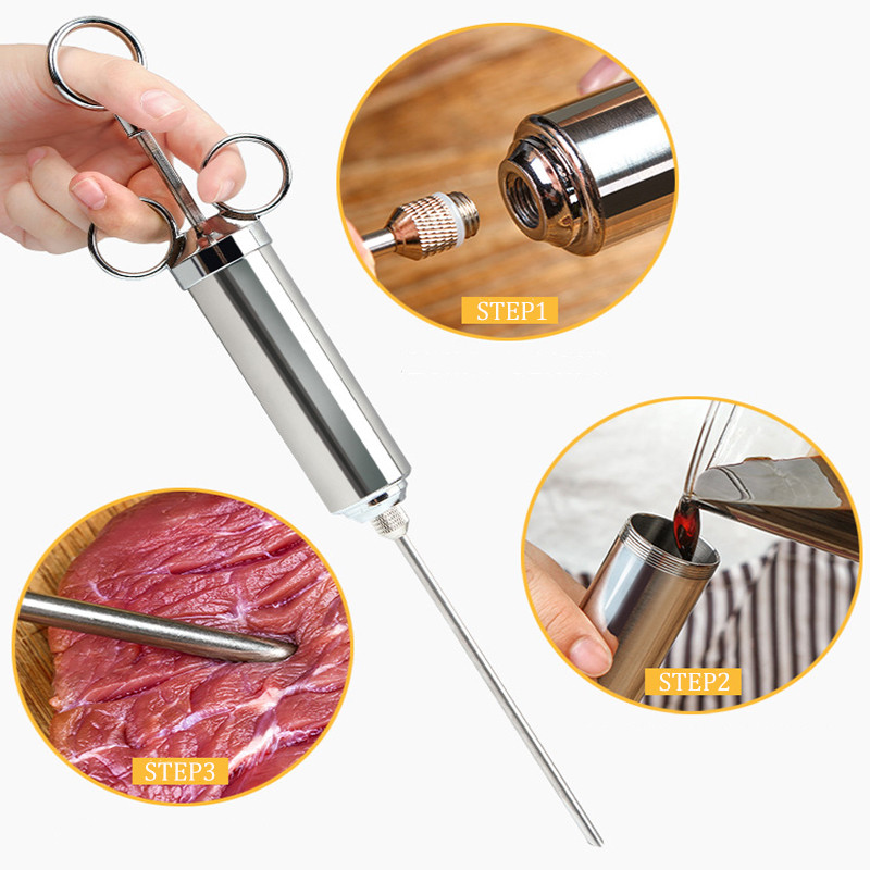 Mėsos injektorius 304 nerūdijančio plieno marinato švirkštų rinkinys su 3 marinato injektorių adatomis, skirtomis kepsninei, atsiųskite 2 valymo šepečius