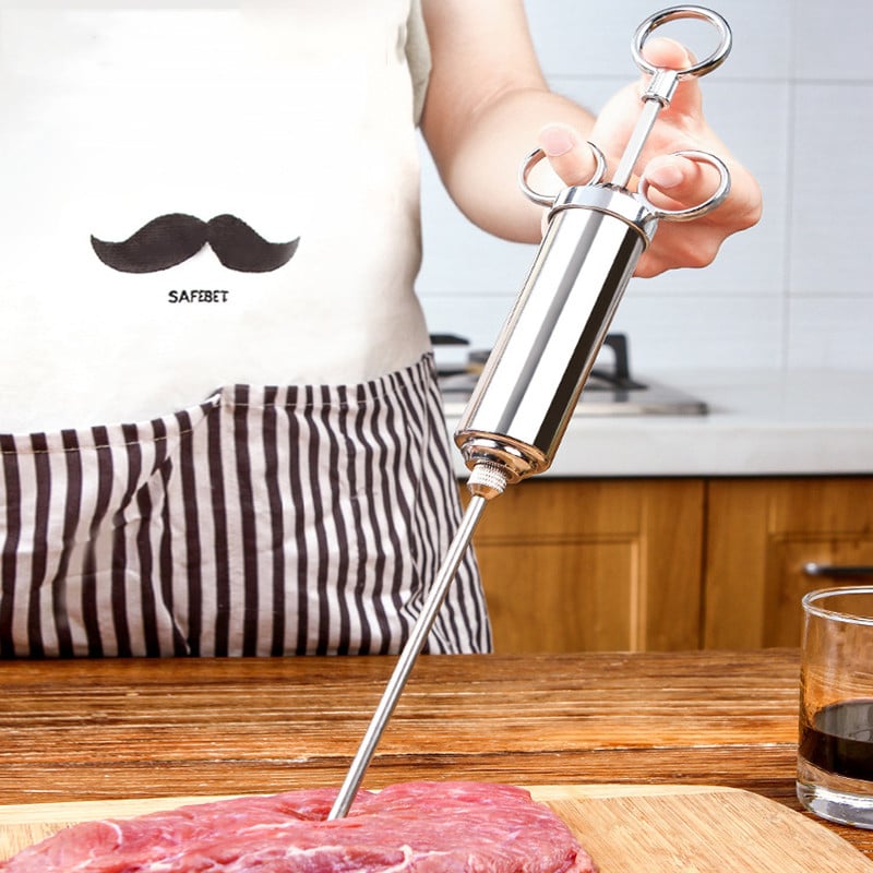 Mėsos injektorius 304 nerūdijančio plieno marinato švirkštų rinkinys su 3 marinato injektorių adatomis, skirtomis kepsninei, atsiųskite 2 valymo šepečius