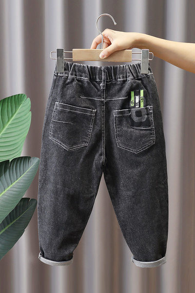 Vaikiški tamsūs džinsai berniukams su siuvinėjimais ir kišenėmis