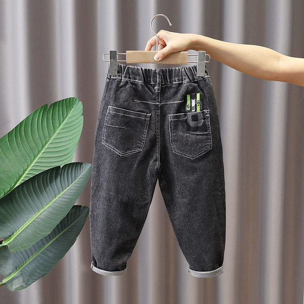 Vaikiški tamsūs džinsai berniukams su siuvinėjimais ir kišenėmis