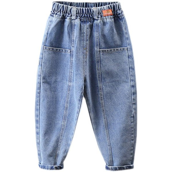 Plačios kojos džinsai berniukams su kišenėmis ir metaliniu elementu