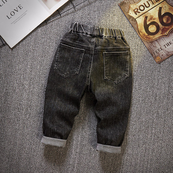 Vaikiški elastiniai džinsai berniukui su kišene ir raštu