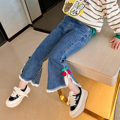 Blugi pentru copii cu motive florale 3D si dantela