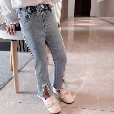 Vaikiški laisvalaikio džinsai su skeltukais ir perlais