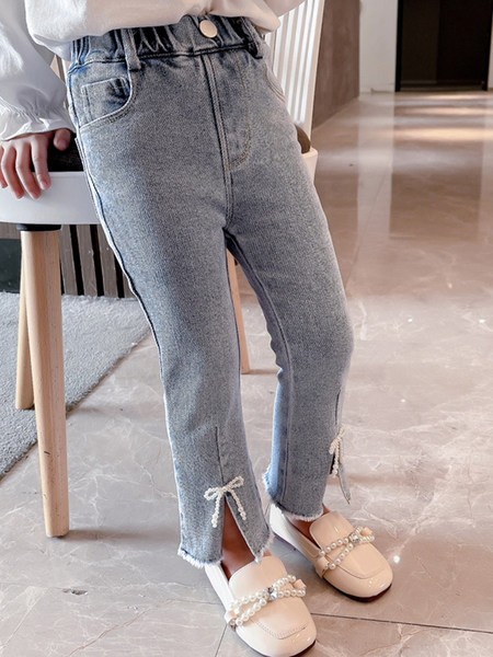 Vaikiški laisvalaikio džinsai su skeltukais ir perlais