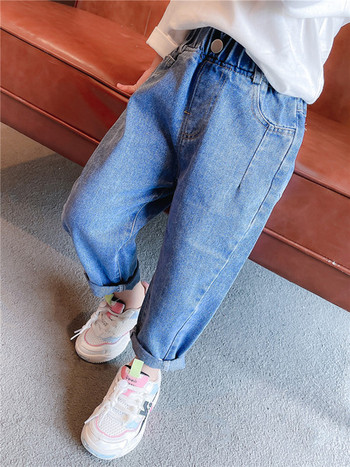Детски дънки с ластична талия в син цвят - за момичета