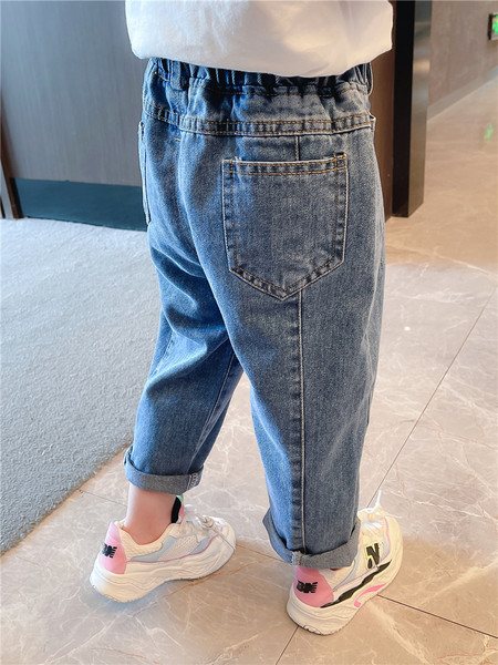 Mėlynos spalvos vaikiški džinsai elastingu juosmeniu - mergaitėms