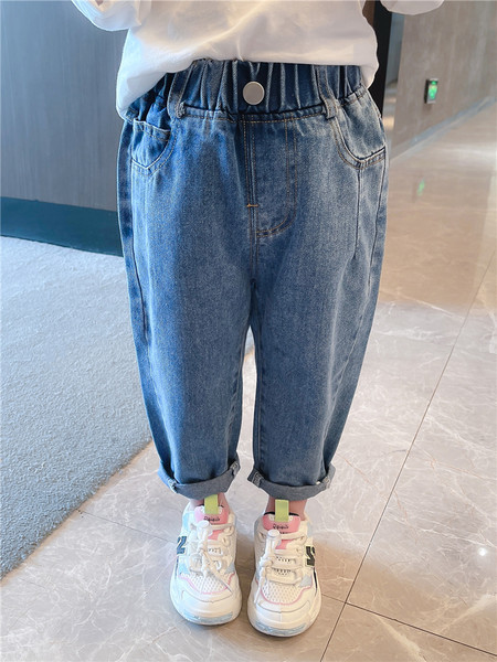 Mėlynos spalvos vaikiški džinsai elastingu juosmeniu - mergaitėms