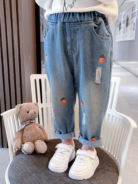 Blugi pentru copii cu motive florale și buzunar