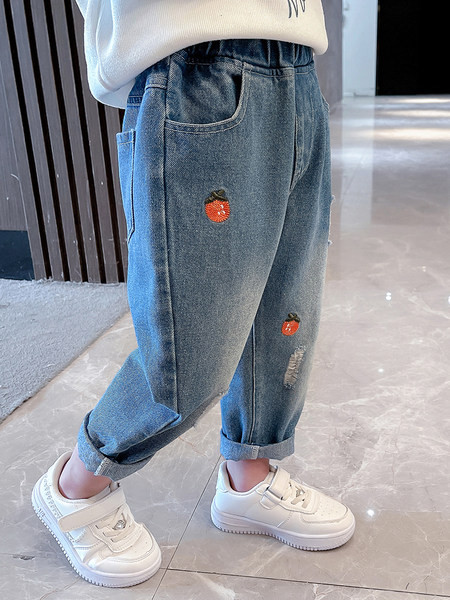 Blugi pentru copii cu motive florale și buzunar