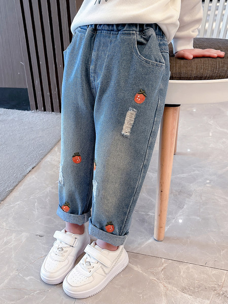 Blugi pentru copii cu motive florale și buzunar