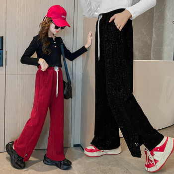 Широк модел панталон за момичета с висока талия връзки и емблема