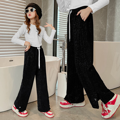 Kõrge vöökohaga nööride ja logoga laia säärega püksid tüdrukutele