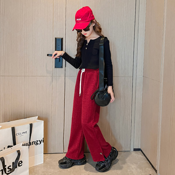 Kõrge vöökohaga nööride ja logoga laia säärega püksid tüdrukutele