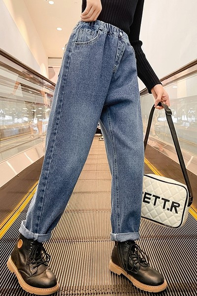 Madingi džinsai aukštu juosmeniu mergaitėms su kišenėmis