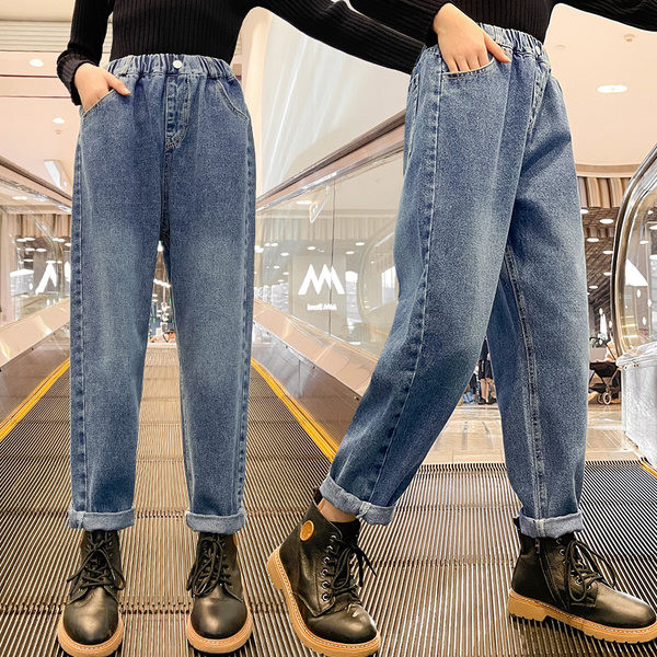 Madingi džinsai aukštu juosmeniu mergaitėms su kišenėmis