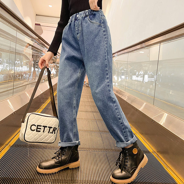 Madingi džinsai aukštu juosmeniu mergaitėms su kišenėmis