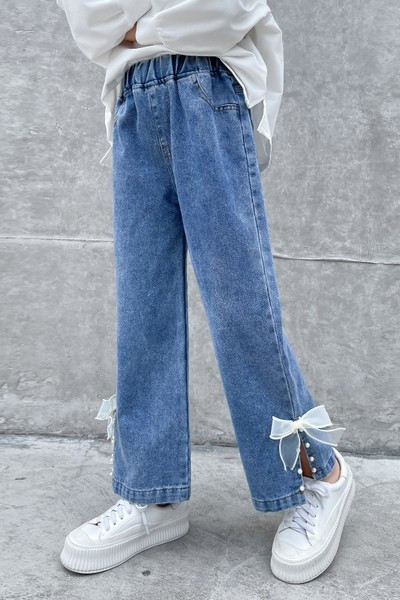 Vaikiški džinsai plačiomis kojomis su kaspinu mergaitėms