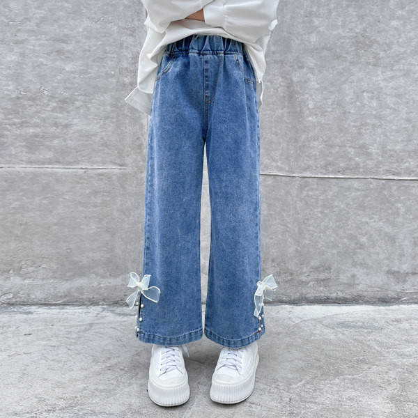 Vaikiški džinsai plačiomis kojomis su kaspinu mergaitėms