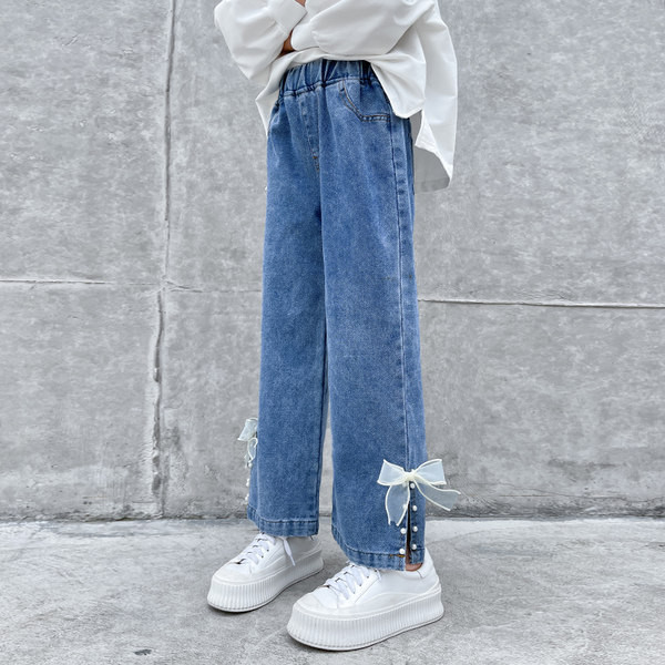 Vaikiški džinsai plačiomis kojomis su kaspinu mergaitėms