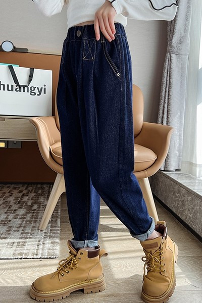 Pavasario-rudens džinsai aukštu juosmeniu ir kišenėmis