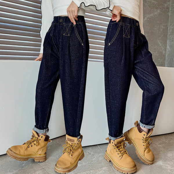 Pavasario-rudens džinsai aukštu juosmeniu ir kišenėmis