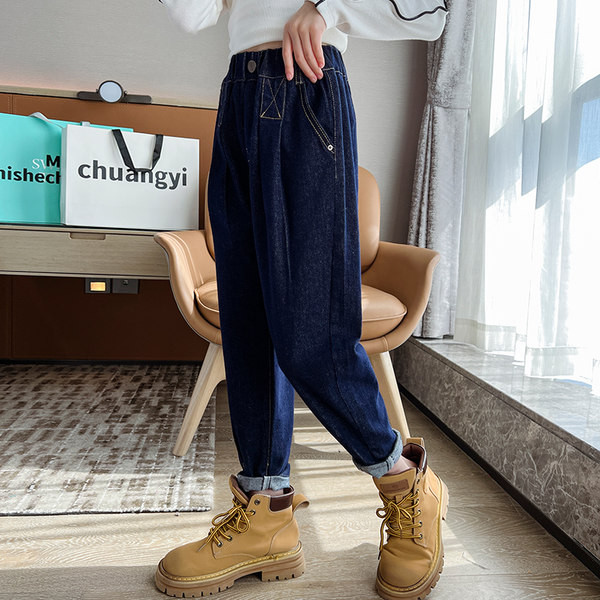 Pavasario-rudens džinsai aukštu juosmeniu ir kišenėmis