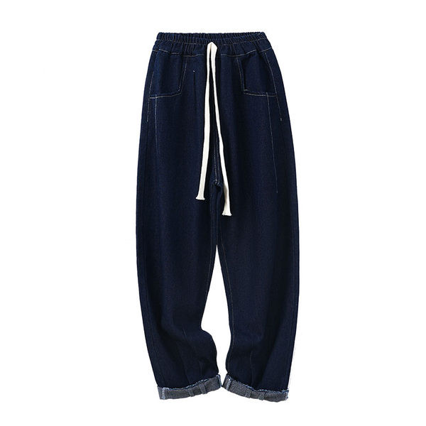 Mergaičių džinsai plačiomis kojomis su raišteliais ir kišene