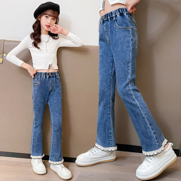 Blugi Charleston pentru fete cu elastic si broderie pe picior