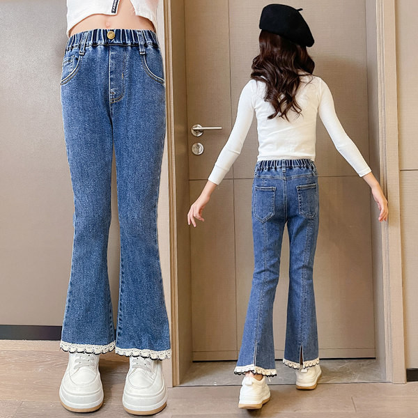 Blugi Charleston pentru fete cu elastic si broderie pe picior