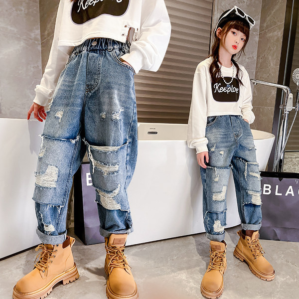 Divat farmer lányoknak szakadt mintával és zsebbel