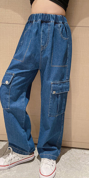 Еластични дънки с висока талия и джоб за момичета