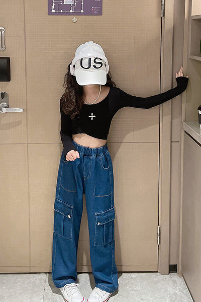 Magas derekú zsebes rugalmas farmernadrág lányoknak