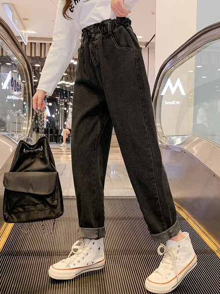 Rudeniniai kišeniniai džinsai aukštu liemeniu mergaitėms