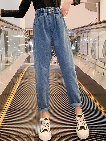 Rudeniniai kišeniniai džinsai aukštu liemeniu mergaitėms