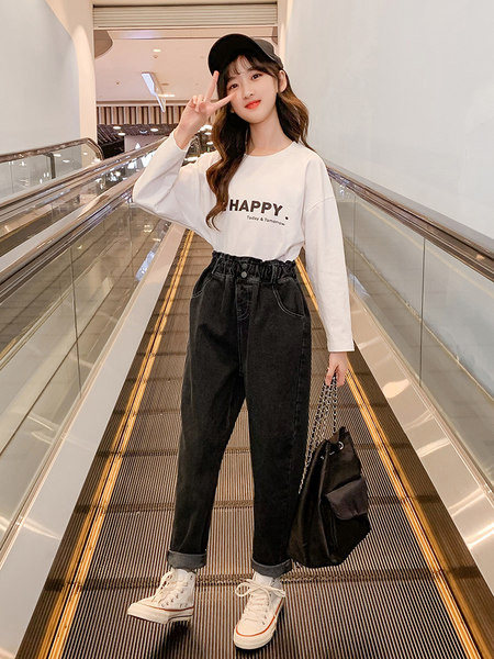 Rudeniniai kišeniniai džinsai aukštu liemeniu mergaitėms