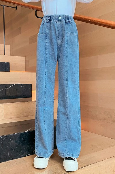 Mergaičių spyruokliniai džinsai aukštu liemeniu plačiomis kojomis