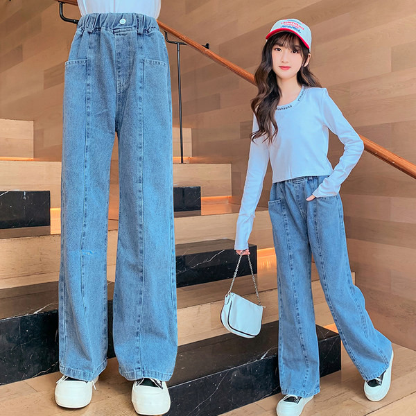 Mergaičių spyruokliniai džinsai aukštu liemeniu plačiomis kojomis