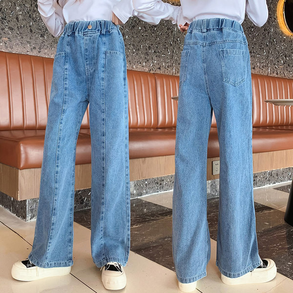 Mergaičių spyruokliniai džinsai aukštu liemeniu plačiomis kojomis